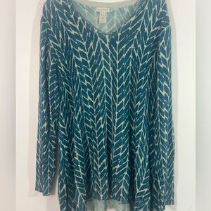 Multiples XL Teal Blue Chevron 
/Ikat Knit Tunic Top V-Neck Long Sleeve
